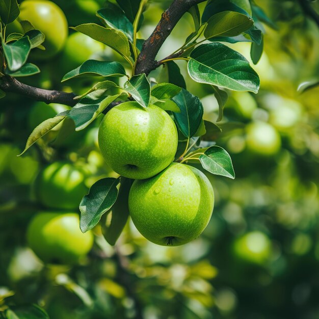 Un árbol con manzanas verdes colgando de él y una manzana verde en la rama