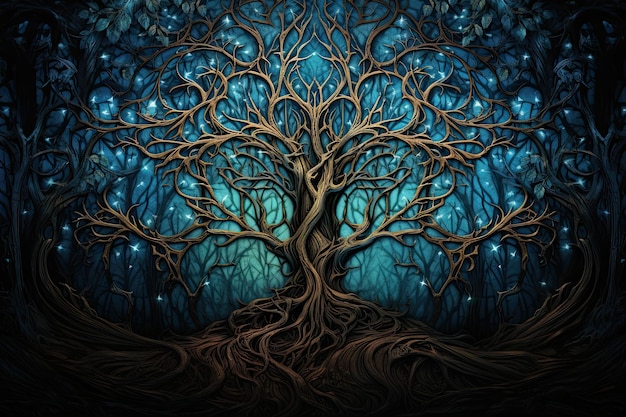 Un árbol medieval y el diseño de hojas en el estilo de la obra de arte de fantasía realista