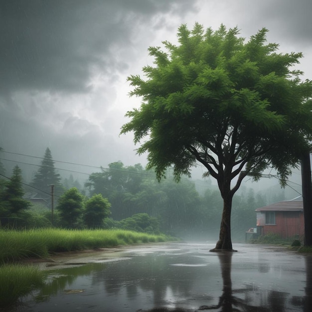 Foto un árbol en el medio de una calle inundada con una casa en el fondo