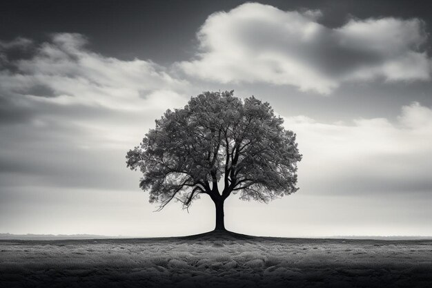 un árbol en medio de un campo con un cielo nublado al fondo.