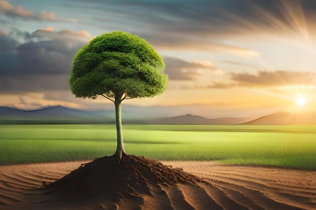 un árbol en medio de un campo con montañas al fondo.