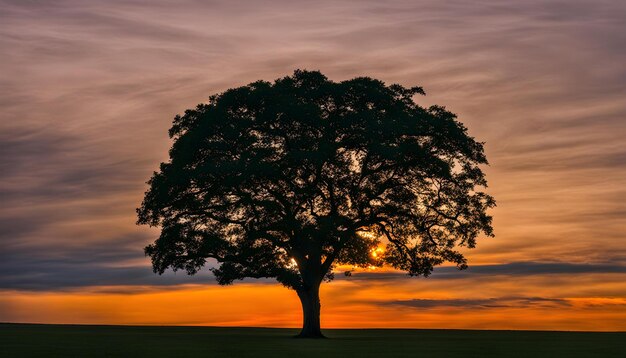 Foto un árbol está en el medio de un campo con el sol poniéndose detrás de él