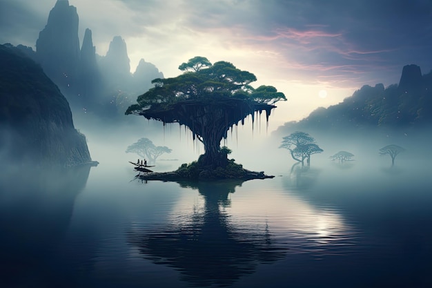 Un árbol en medio de un lago con un barco en el agua.