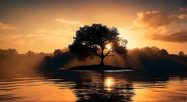 Un árbol en medio de un lago con la luz del sol proveniente de atrás durante la puesta de sol
