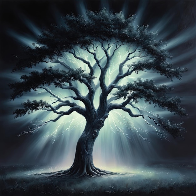 árbol en medio de la noche con cielo azul en el bosque oscuro