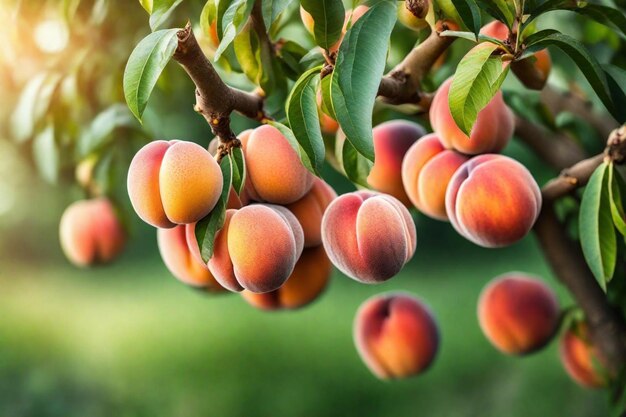 un árbol con melocotones colgando de él y una rama de árbol con hojas verdes