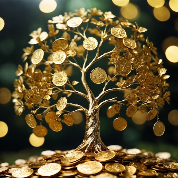 Foto Árbol de metal dorado con hojas de monedas ia generativa