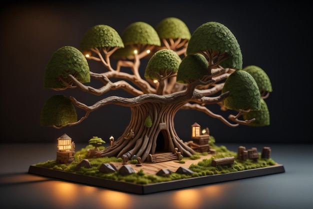 Un árbol en miniatura con una casa en el medio.