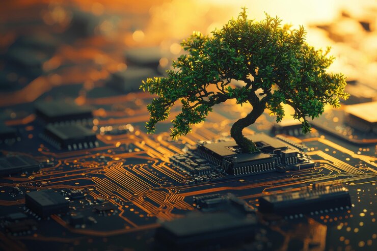 Foto un árbol en miniatura crece de una placa de circuito que simboliza la intersección de la naturaleza y la tecnología
