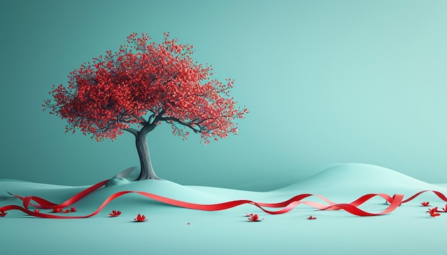 un árbol minimalista en 3D con ramas adornadas con cintas Martisor rojas y blancas