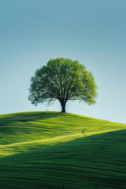 Un árbol minimalista solitario en la cima de una colina cubierta de hierba