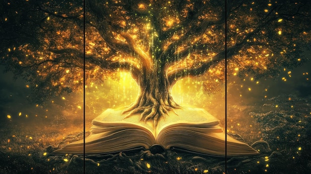 Un árbol místico emerge de un libro abierto irradiando luz y magia en un entorno sereno