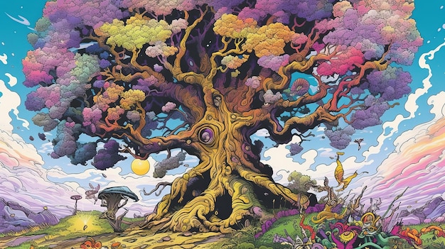 Un árbol mítico con poderes mágicos Concepto de fantasía Ilustración pintura IA generativa