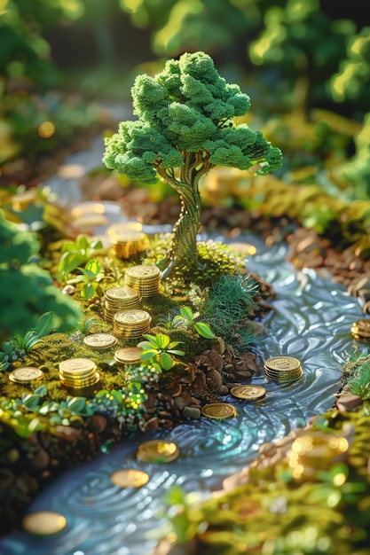 un árbol con monedas de oro y un árbol en él