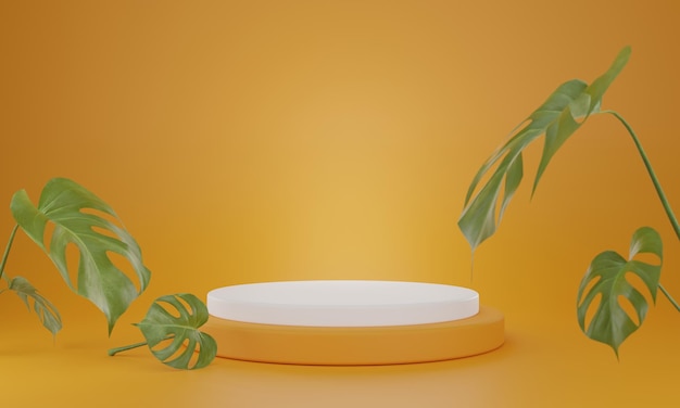 árbol de monstera en el lateral, en el podio hay una plataforma vacía de color naranja y blanco.Representación 3D.