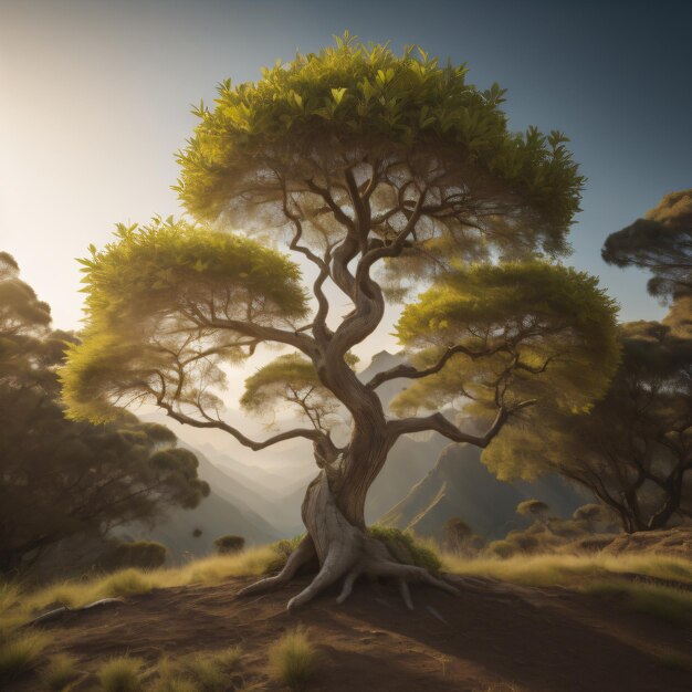 Foto un árbol con una montaña al fondo.