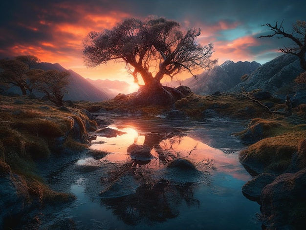 Un árbol en las montañas al atardecer.