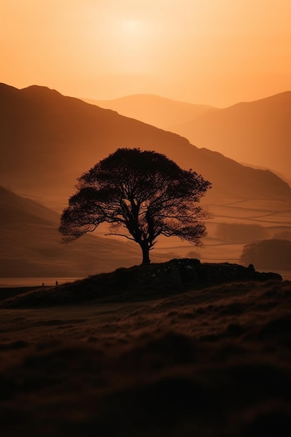 Un árbol en las montañas al atardecer.