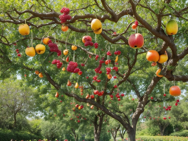 Foto un árbol con muchos frutos colgando de él.