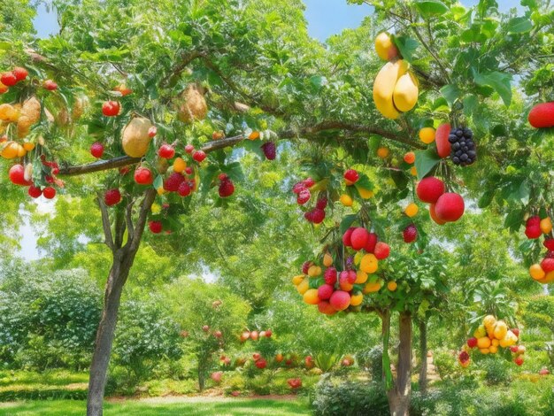 Foto un árbol con muchos frutos colgando de él.