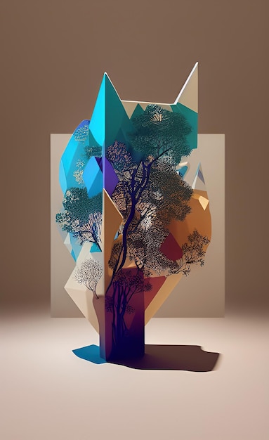 Un árbol con muchos triángulos se muestra en un estilo 3d.