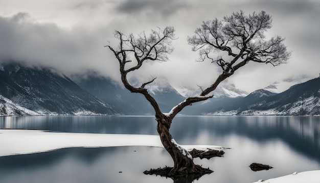 Foto un árbol muerto está frente a un lago y montañas