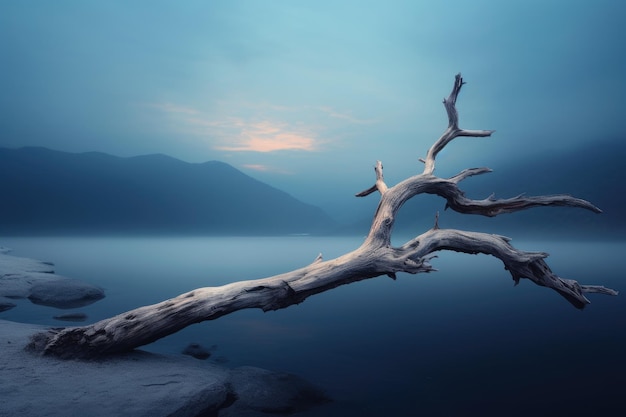 un árbol muerto en el medio de un cuerpo de agua