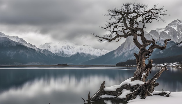 Foto un árbol muerto está en la nieve con las montañas en el fondo
