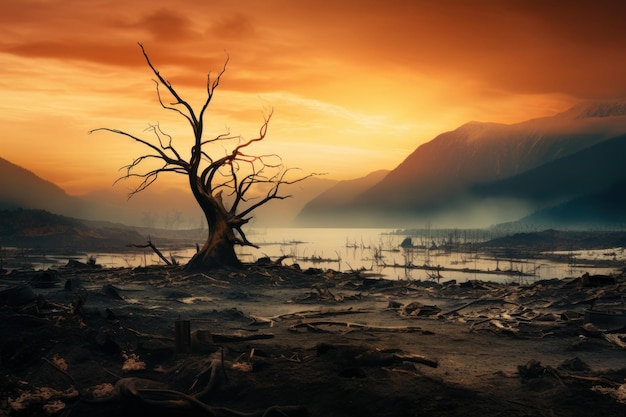 Árbol muerto en la orilla del lago al atardecer