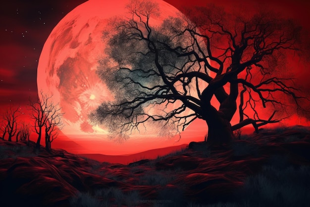 Foto Árbol muerto rojo luna generar ai