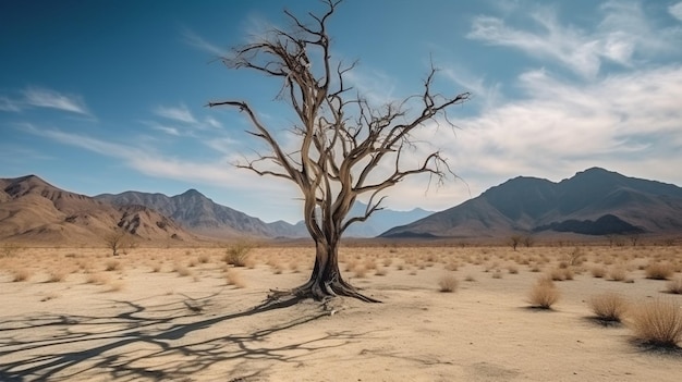 árbol muerto solitario en una zona desértica con el telón de fondo de las montañas y un cielo azul Concepto de sequía