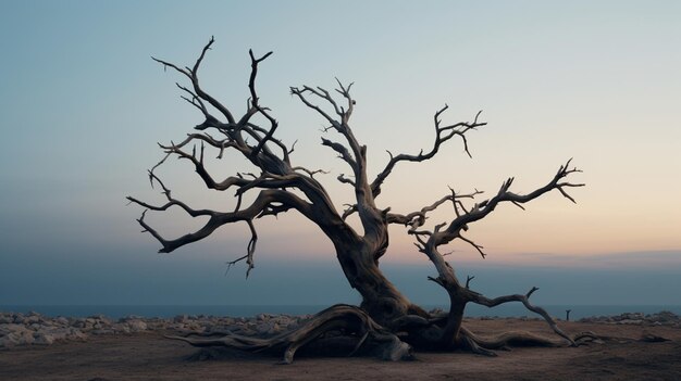 Un árbol muerto en tierra seca.