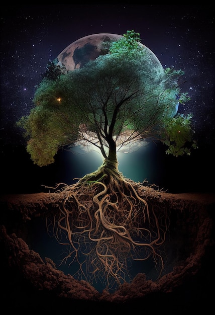 un árbol con un mundo en él y la tierra en el fondo