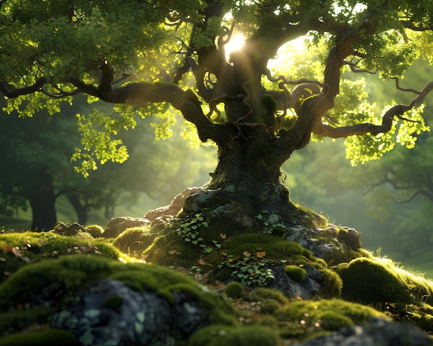 Un árbol con musgo creciendo en él en un bosque con la luz del sol brillando a través de las hojas y ramas en