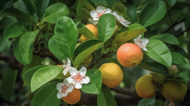 Un árbol con naranjas y flores.