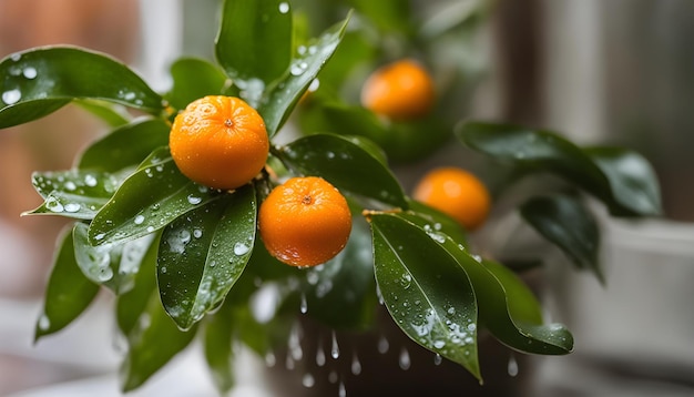 un árbol con naranjas y hojas verdes con gotas de agua en él