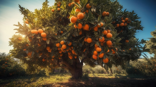 Un árbol con naranjas y el sol brillando sobre él.