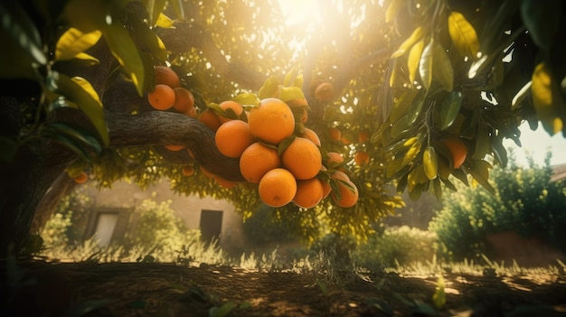 Un árbol con naranjas y el sol brillando sobre él.