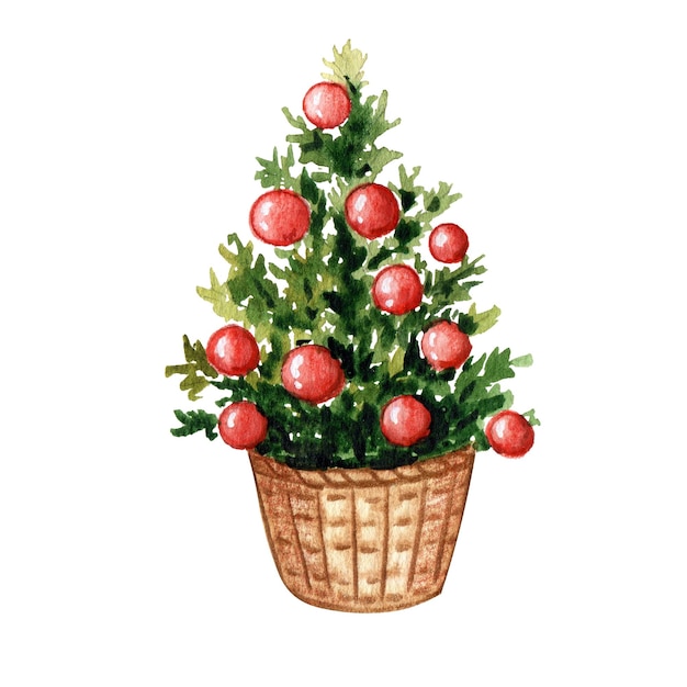 Foto Árbol de navidad a la acuarela en una canasta, ilustración dibujada a mano