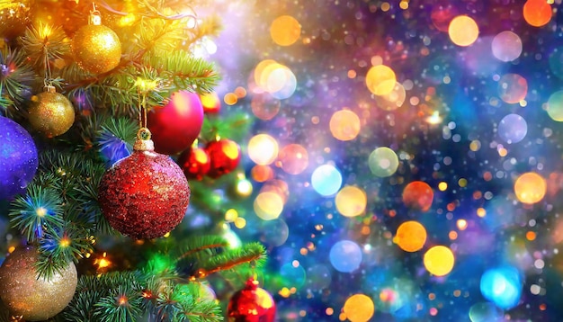 Árbol de Navidad adornado con adornos y juguetes que evocan el espíritu navideño en un fondo borroso