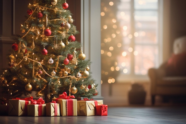 El árbol de Navidad adornado con cinta roja