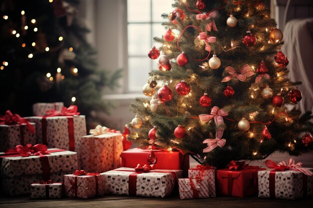 El árbol de Navidad adornado con cinta roja