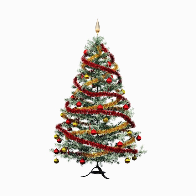 Árbol de Navidad con adornos, aislado sobre fondo blanco, ilustración 3D, cg render