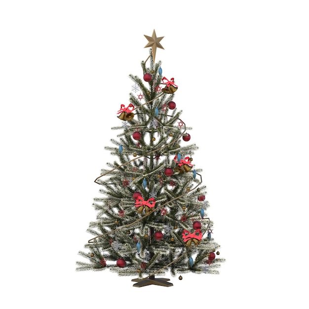 Árbol de Navidad con adornos, aislado sobre fondo blanco, ilustración 3D, cg render