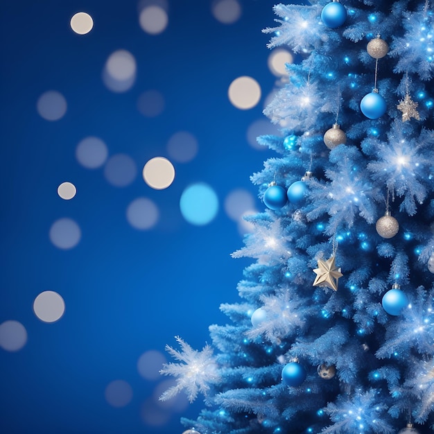 Foto Árbol de navidad con adornos en azul y luces de bokeh