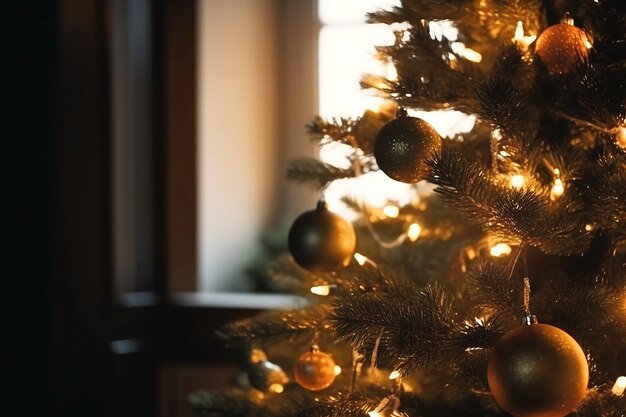 Un árbol de navidad con adornos dorados y rojos y una ventana iluminada