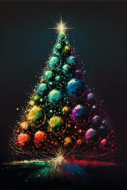 Árbol de navidad con adornos y luces brillantes borrosas pintura digital creativa