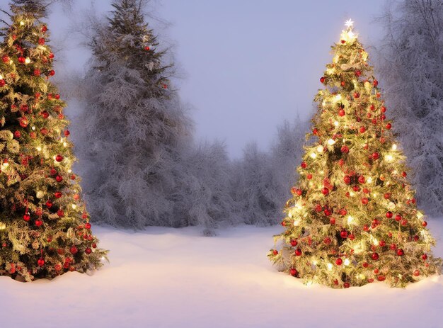 Foto Árbol de navidad con adornos y regalos en suelo nevado