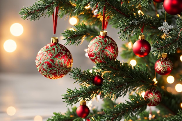 Árbol de navidad con adornos rojos colgando de las ramas