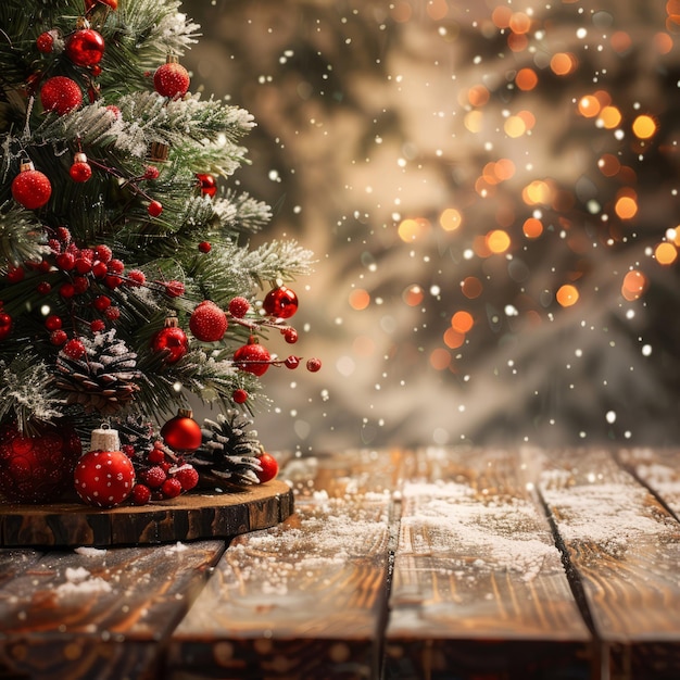 Árbol de Navidad con adornos rojos y luces en el fondo